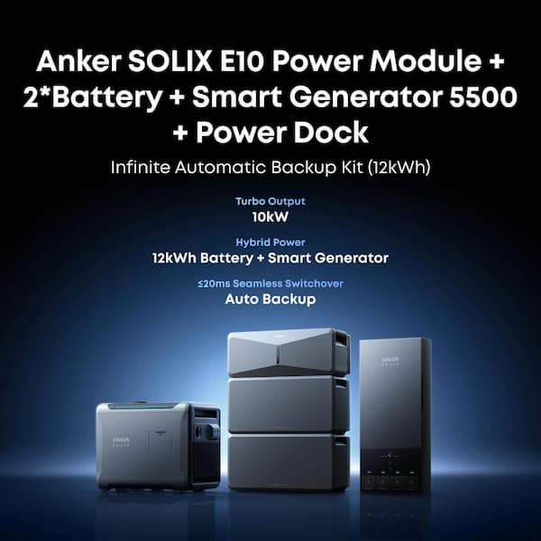 Anker SOLIX G17E114C E10 Automatic Infinite Backup Kit | 12kWh LiFePO4 Battery | 10-30kW Turbo Output | 5X Backup Time | Smart Grid & Storm-Guard