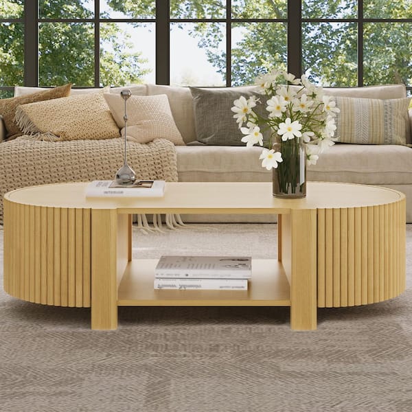 Polibi 47 in. Natural Round Rubber Wood Coffee Table with Rubber