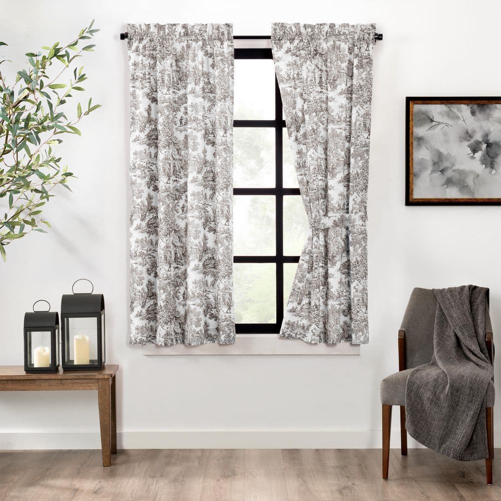 Victoria Park Grey Cotton Toile Rod Pocket Room Darkening Curtain - 34 in. 