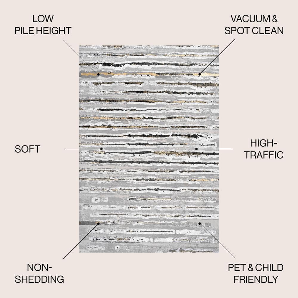 Gray and Black Rectangular Synthetic Stripe Area Rug, 8' x 10'