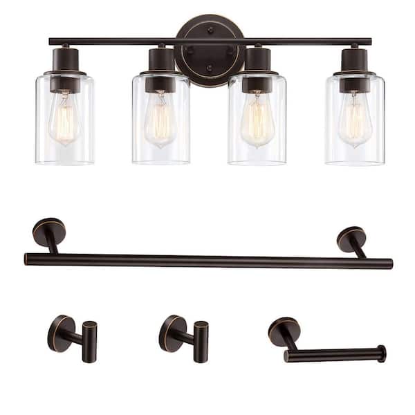Hukoro Luna 23 in. 4-Light Oil Rubbed Bronze Vanity Light Fixture with Clear Glass Shade, (5-Sets)