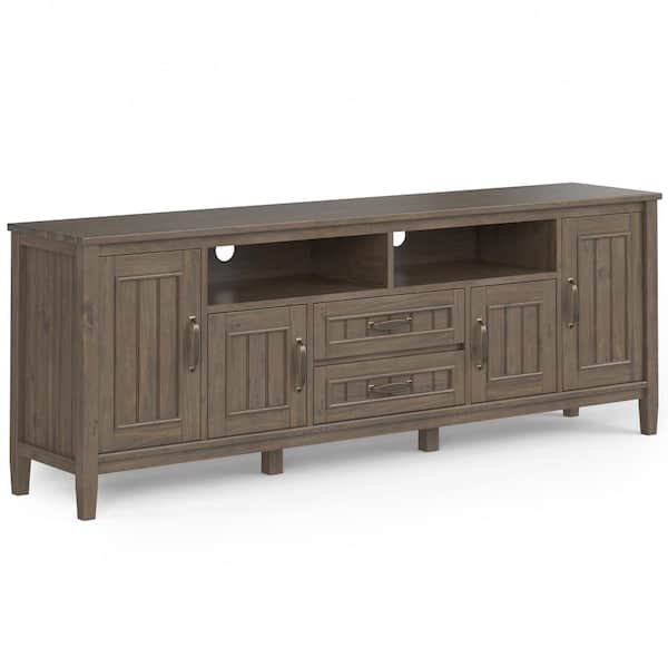 Simpli Home Lev SOLID WOOD 72 in. Wide Contemporary TV Media Stand in Smoky Brown For TVs up to 80 in.es