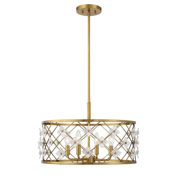 Bailey 20 in. 4-Light Warm Brass Glam Shabby Chic Convertible Semi-Flush Mount or Pendant with Glass Flower Accents