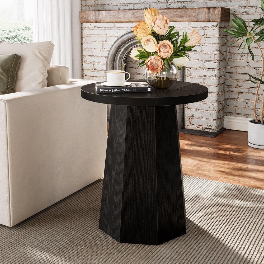 Kerlin 2-Pieces 19.7 in. Black Round Wood End Table, Small Drum Side Table, Snack Table for Living Room, Bedroom