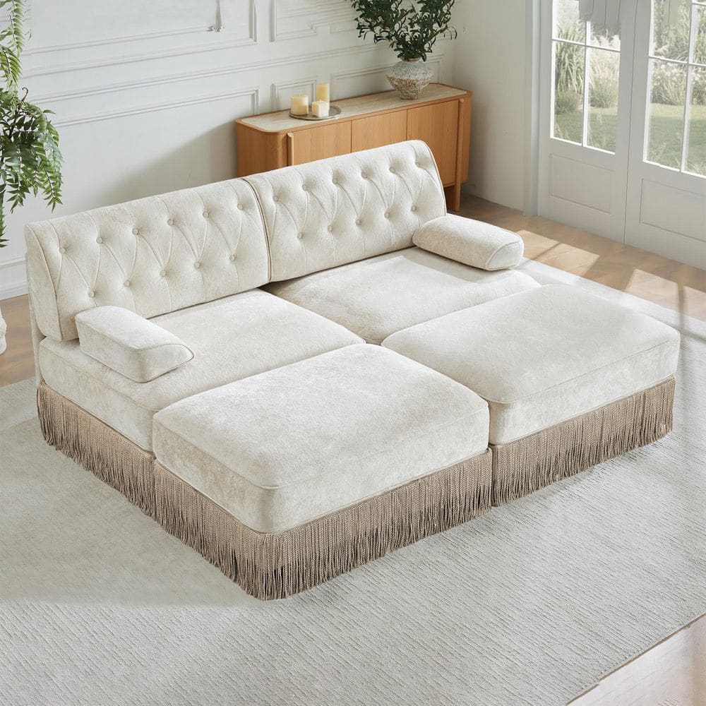 Modern 76.6 in. Curved Arms Velvet Tufted Modular Sectional Sofa Loveseat in Beige with 2 Ottomans and Skirt Base