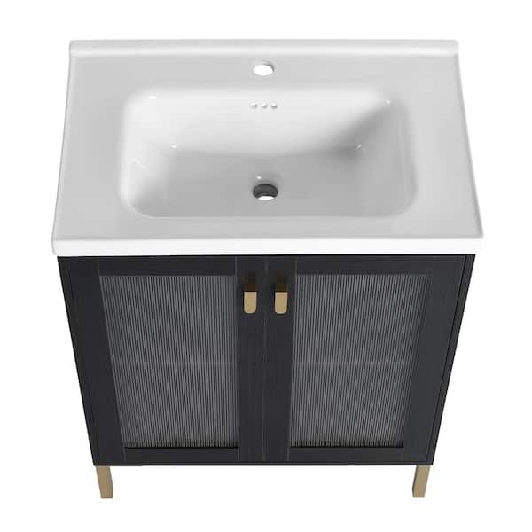 LORDEAR 28 in. Sink Freestanding Bathroom Vanity Plywood in Black with White Ceramic