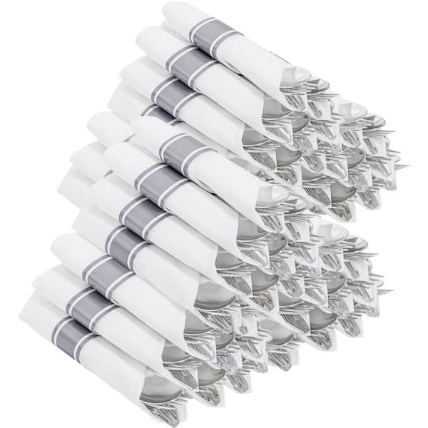 400-Piece Plastic Disposable Silverware Set, Include 100-Pack Wrapped Disposable Silver Utensils with Napkins for Dinner