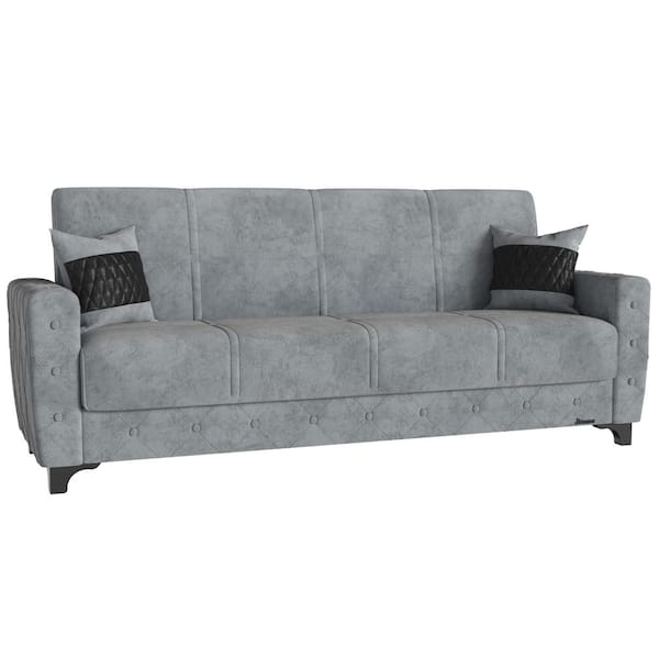 Ottomanson Shah Collection Convertible 89 in. Grey Suede 3-Seater Twin Sleeper Sofa Bed with Storage