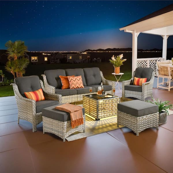 Cristiano 6-Piece Wicker Patio Conversation Seating Sofa Set with Black Cushions and a Lighted Coffee Table