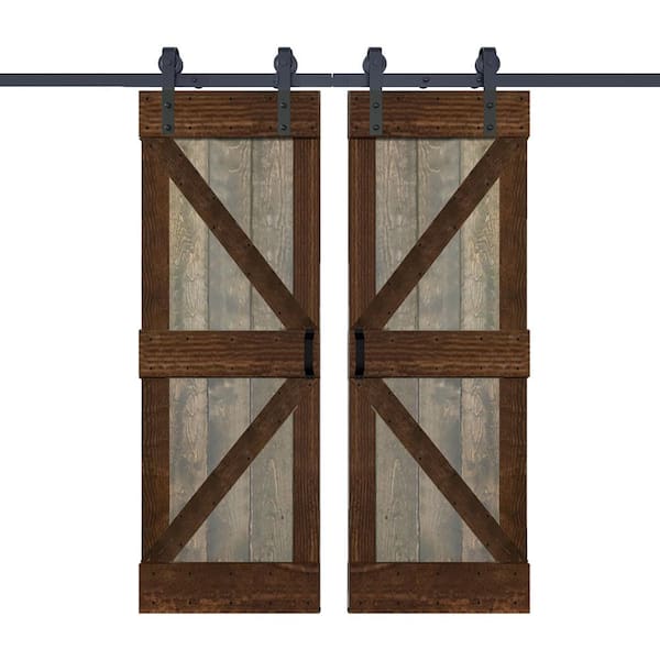 ISLIFE K Series 56 in. x 84 in. Aged Barrel/Kona Coffee Finished DIY Solid Wood Double Sliding Barn Door with Hardware Kit