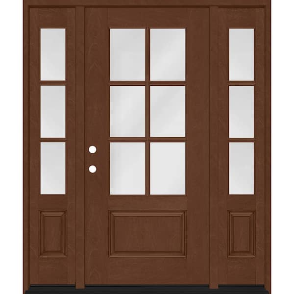 Regency 68 in. x 80 in. 3/4-6Lite Clear Glass RHIS Chstnut Fiberglass Prehung Front Door w/Dbl 14in.SL & 8012BLK Lockset