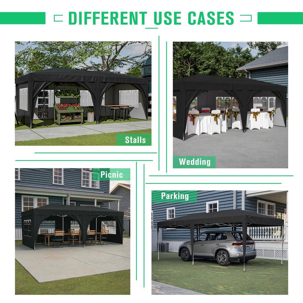 10 ft. x 20 ft. Black Steel Frame Pop-Up Canopy Tent with Adjustable Height and Sidewalls