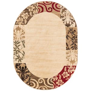 Barclay Vane Willow Damask Beige 5 ft. x 7 ft. Transitional Border Oval Area Rug