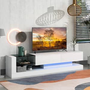 70.8 in. W White TV Stand with 2-Media Storage Cabinets Fits TV's up to 75 in. with 16-color RGB LED Lights