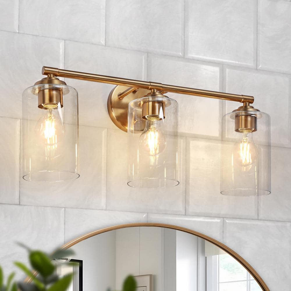 Modern 22 in. 3-Light Plated Brass Bath Vanity Light with Clear Glass Shades Powder Room Wall Light, LED Compatible price history on PriceWatchPro