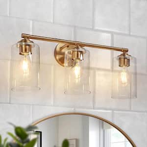Modern 22 in. 3-Light Plated Brass Bath Vanity Light with Clear Glass Shades Powder Room Wall Light, LED Compatible