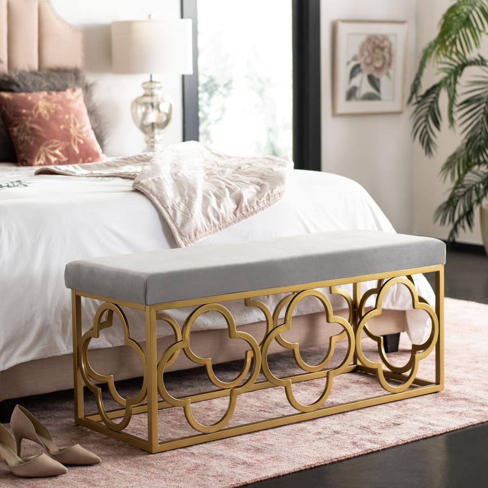 Elegant Fleur Quatrefoil Bench in Gray Velvet and Gold Finish