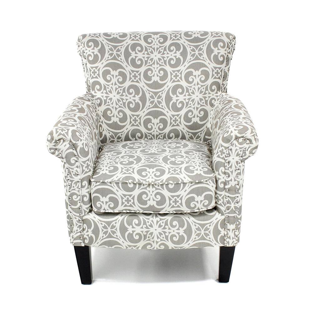 Gray Geometric Wood Accent Chair with Nailhead Trim