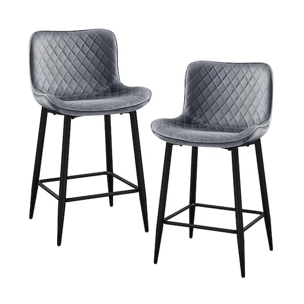 Lazzara Chevre 24 in. Black Metal Counter Height Chair with Dark Gray Velvet Seat (Set of 2)