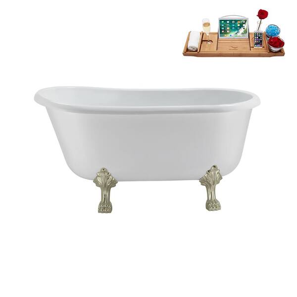 Streamline 57 in. Acrylic Clawfoot Non-Whirlpool Bathtub in Glossy White with Brushed Nickel Drain and Brushed Nickel Clawfeet