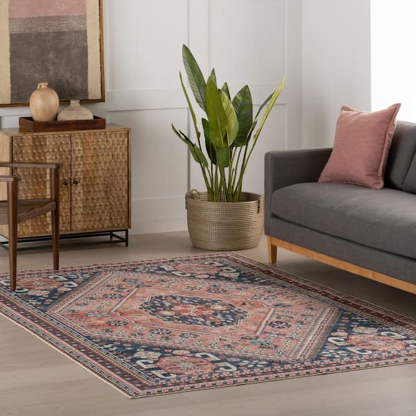 Nevaeh Machine Washable Bohemian Medallion Blue 3 ft. x 8 ft. Indoor Area Rug
