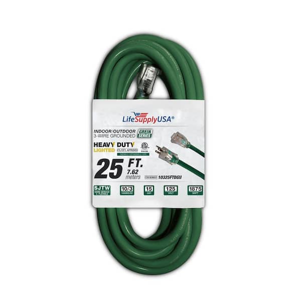 LifeSupplyUSA 25 ft. 10/3 SJTW 15 Amp 125-Volt 1875-Watt Dark Green Indoor/Outdoor Heavy-Duty with Lighted End Extension Cord