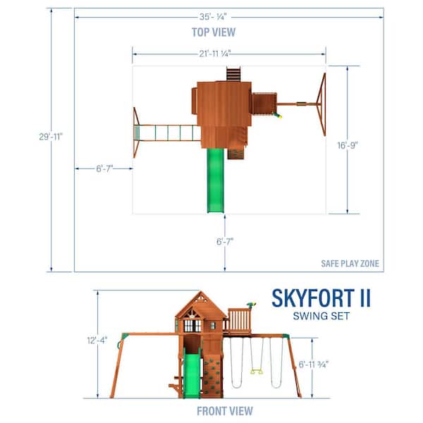 Skyfort II Outdoor Playground Set w/ Monkey Bars, Upper Fort, Crow's Nest, Belt Swing Set, Picnic Table, and Rockwall