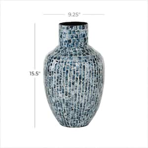 16 in. Blue Handmade Mother of Pearl Shell Decorative Vase