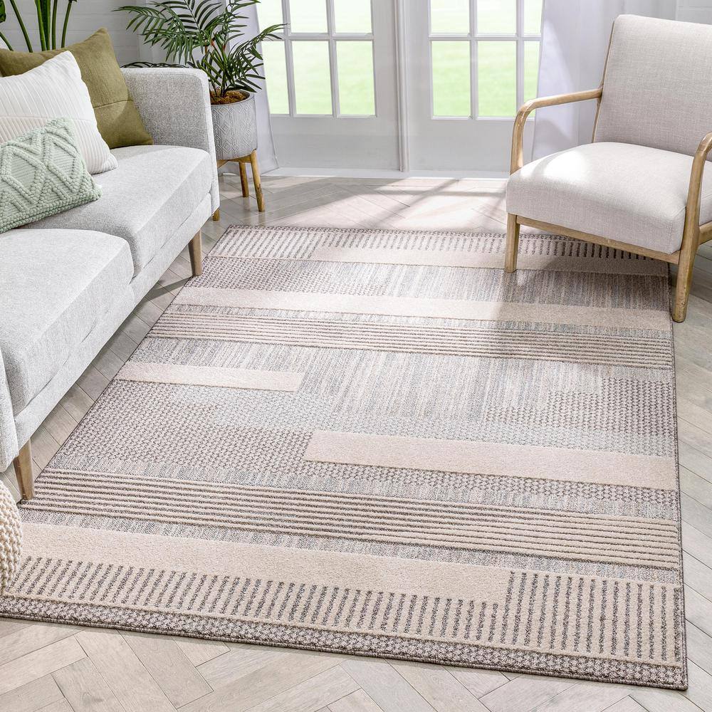 Beige and Gray Synthetic Rectangular Abstract Area Rug
