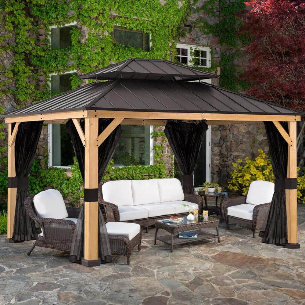 JOYSIDE 13 ft. x 11 ft. Outdoor Patio Cedar Wood Frame Hardtop Gazebo with  Double Galvanized Steel Roof and Mosquito Netting A01T-THD - The Home Depot