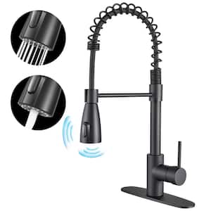 Touchless Single-Handle Pull Out Sprayer Spring Kitchen Faucet with Deckplate Pull Down Sink Faucet in Matte Black