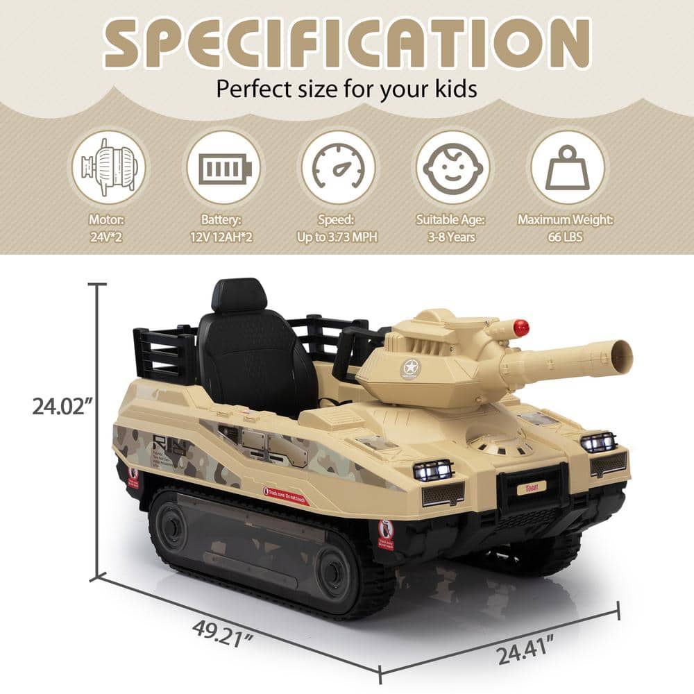 24V Yellow Battery-Powered Ride-On Tank with Remote Control