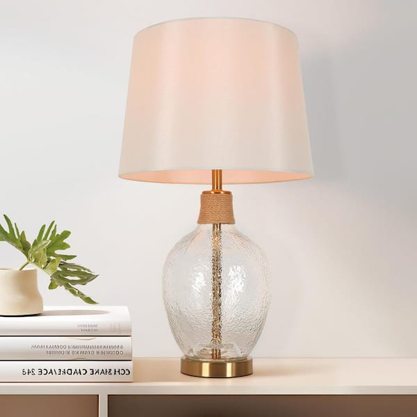LNC Modern Industrial 25 in. 1-Light Plated Brass Drum Table Lamp with Beige Fabric Shade