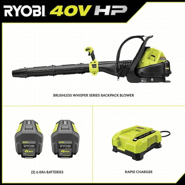 RYOBI RY404170 40V HP Brushless Whisper Series 165 MPH 730 CFM Cordless Battery Backpack Blower with (2) 6.0 Ah Batteries and Charger - 3