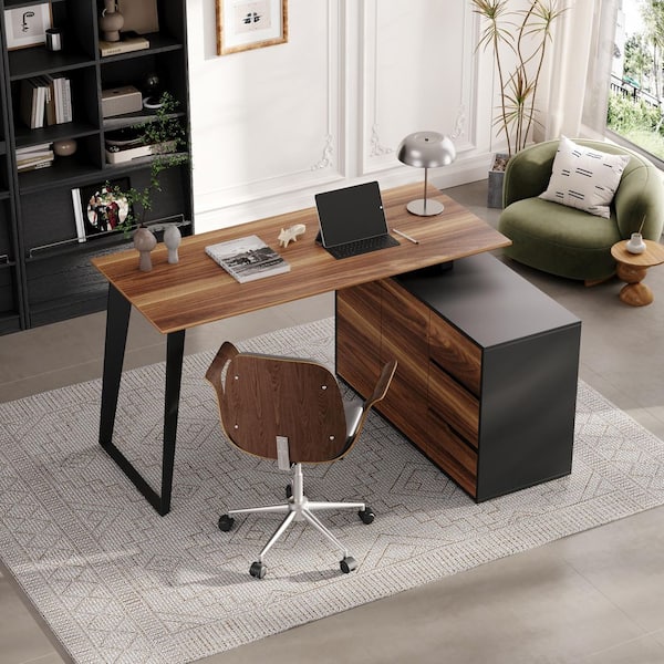 FUFU&GAGA 54.3 in. Reversible L-Shaped Brown Wood Writing Desk