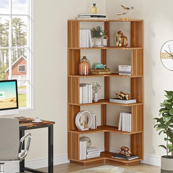 Eula 65 in. Tall Brown Wood 6-Shelf Etagere Standard Farmhouse Corner Bookcase Home Office Display Organizer