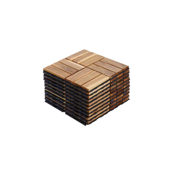 FIROMO 10 PCS Interlocking Deck Tiles Checker Pattern, 12 in. x 12 in. Square Yellow Acacia Hardwood Outdoor Flooring