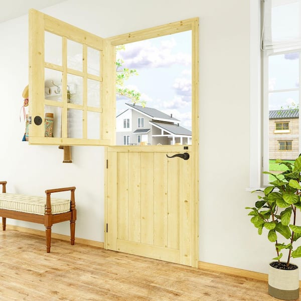 36 in. x 80 in. Solid Universal 9-Lite Clear Glass Unfinished Dutch Wood Prehung Front Door +Quick Assemble Jamb+lock