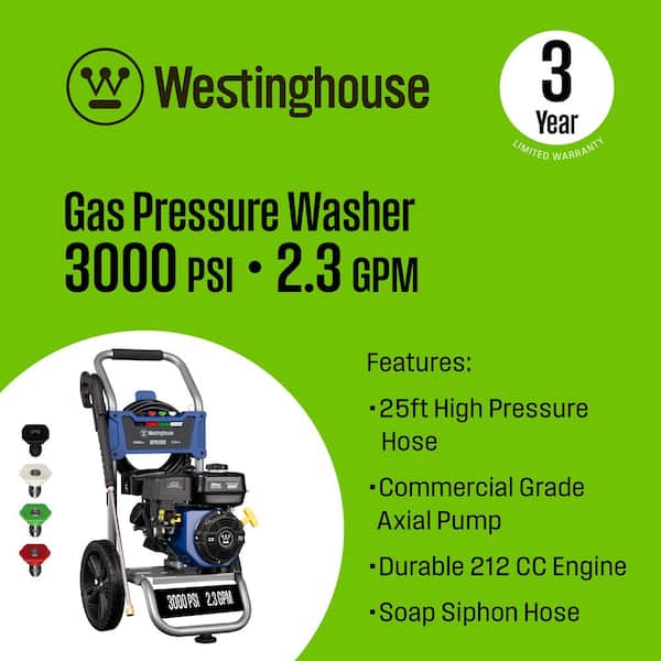 3000 PSI 2.3 GPM Gas Powered Axial Cam Pump Cold Water Pressure Washer with 4 Quick Connect Tips