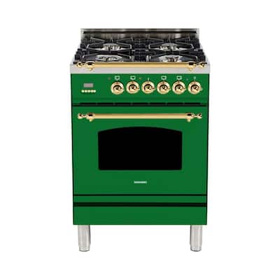 24 in. 2.4 cu. ft. Single Oven Italian Gas Range with True Convection, 4 Burners, Brass Trim in Emerald Green