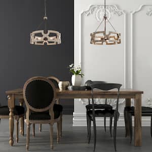 Modern Farmhouse Solid Wood Drum Island Chandelier 3-Light Rustic Brown Pendant Light for Dining Room Kitchen Entryway