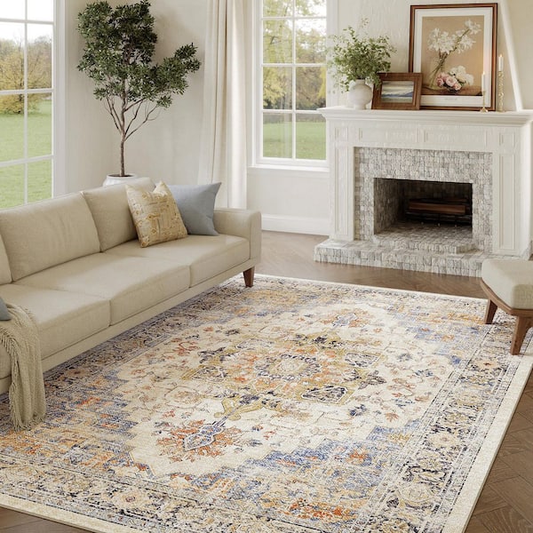 Tabriz Blue/Orange 8 ft. x 10 ft. Vintage Washable Medallion Distressed Area Rug