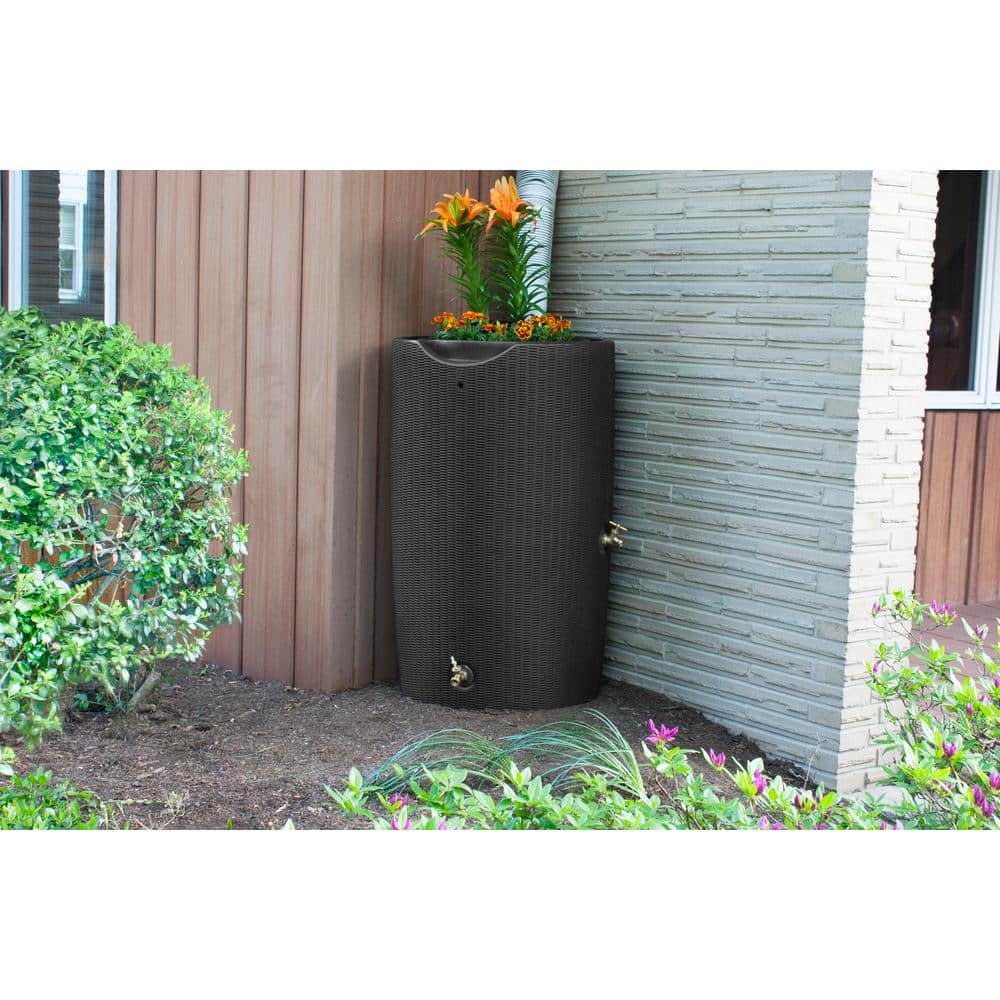 Dark Brown Wicker 50 Gallon Planter Rain Barrel
