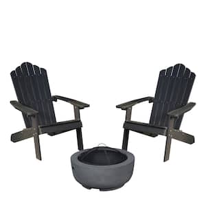 Lanier Black 3-Piece Recycled Plastic Patio Conversation Adirondack Chair Set with a Grey Wood-Burning Firepit