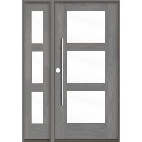 Krosswood Doors Faux Pivot 50 in. x 80 in. 3-Lite Right-Hand/Inswing Clear Glass Malibu Grey Stain Fiberglas Prehung Front Door with LSL