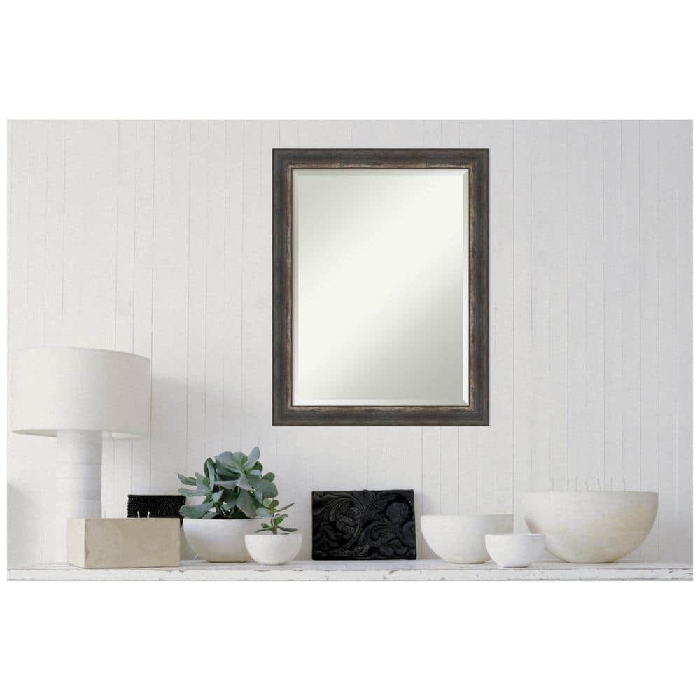 Amanti Art Beveled Bathroom Wall Mirror - Bark Rustic Char Frame Bark Rustic Char Narrow Outer Size: 21 x 27 in Silver, Brown, Black