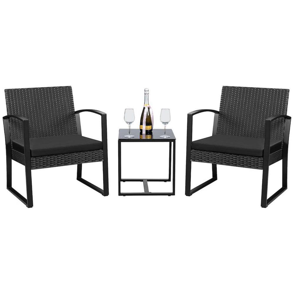 3-Piece Plastic Patio Conversation Set with Black Cushions, Outdoor Resin T