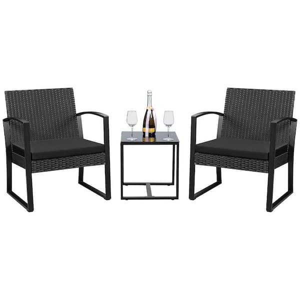 Unbranded 3-Piece Plastic Patio Conversation Set with Black Cushions, Outdoor Resin Table and Chairs for Balcony Porch Bistro