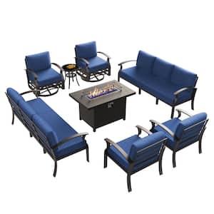 10-Piece Aluminum Patio Conversation Set with armrest, Firepit Table, Swivel Rocking Chairs and Navy Blue Cushions