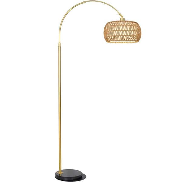 Avex 63 in. Gold+Black Farmhouse 1-Light Smart Dimmable Standard Floor Lamp with Rattan & Fabric Double Drum Shade